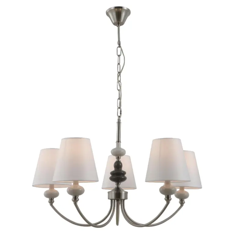 Satin Nickel 5-luč keramični lestenec z belimi stožčastimi tkaninami